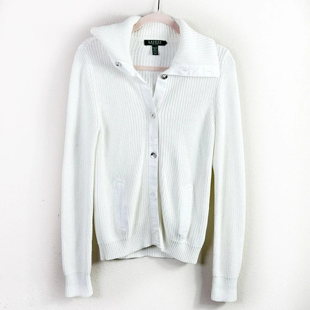 Lauren Ralph Lauren Ribbed White Button Down Sweater size Medium‎ Petite